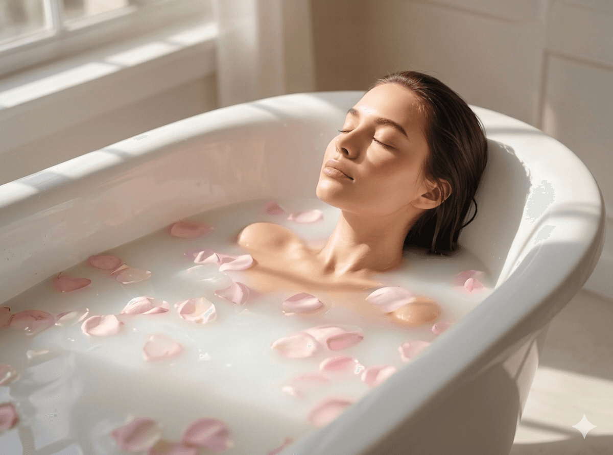 Relaxing milk bath with rose petals